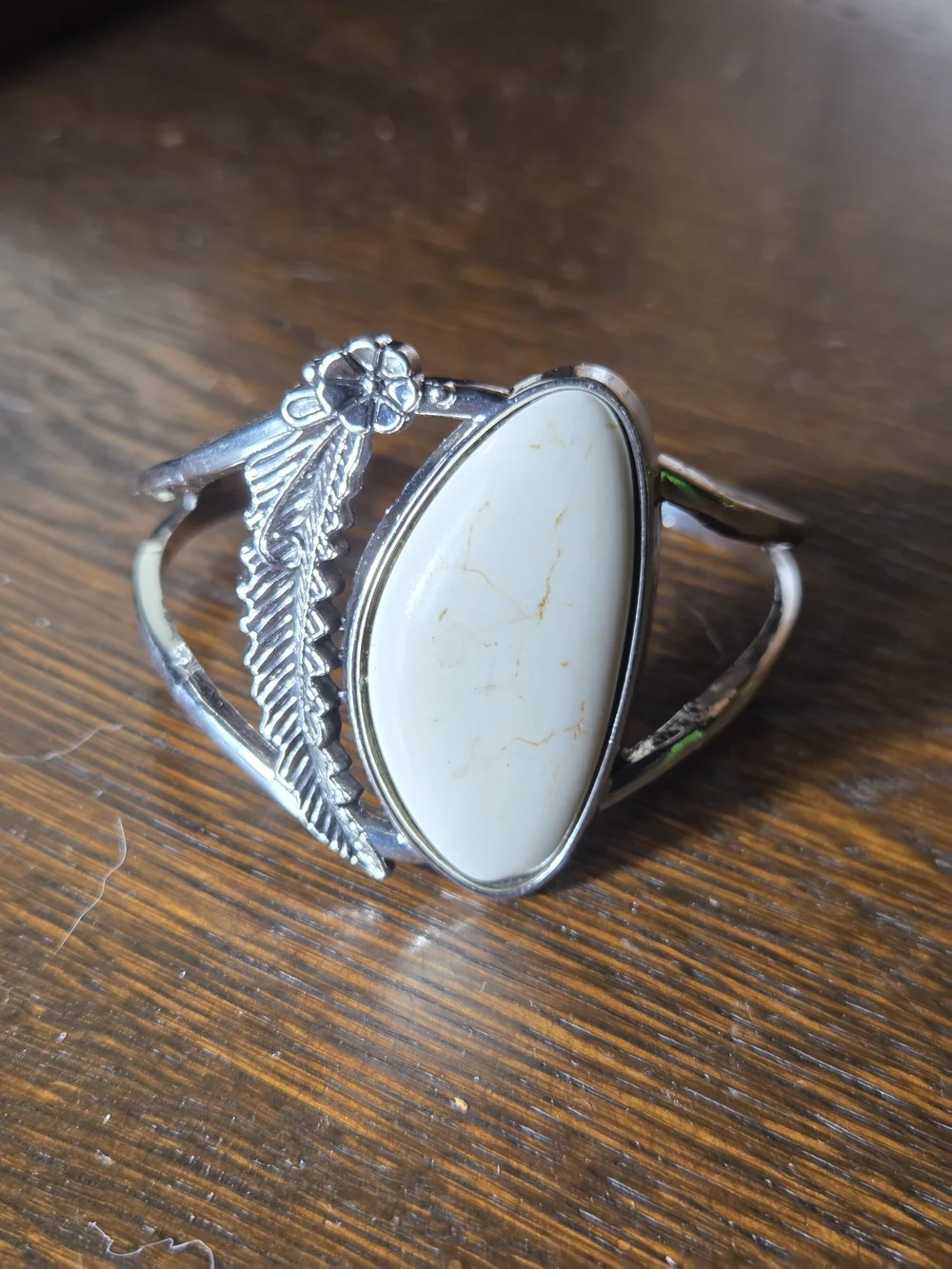 White Stone Feather Cuff Bracelet in Sterling-Tone